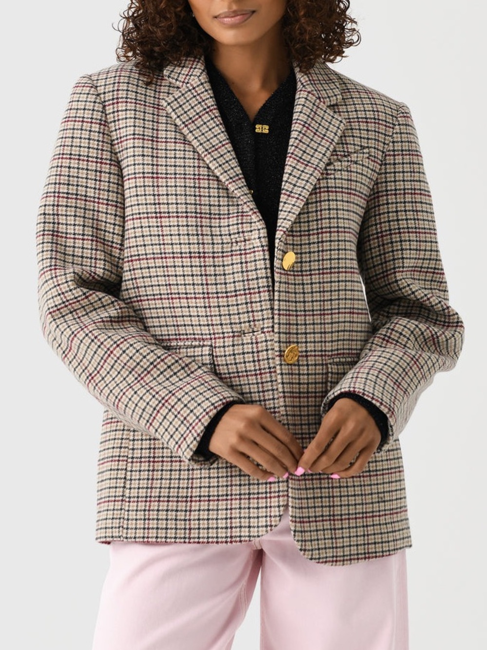 NWT Ganni Womens Check Boxy Blazer Neutral Houndstooth Plaid Sz 42